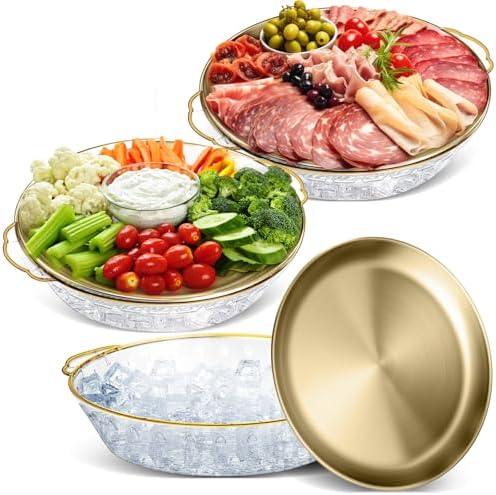 3 Set 11.8" Chilled Serving Tray Compartments for Parties, Gold in Gold