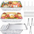 3 Set 16 x 9'' Chilled Serving Tray for Parties with Tong Scoop, Silver Cold Serving Trays with Compartment