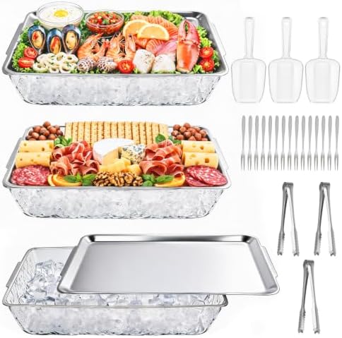 3 Set 16 x 9'' Chilled Serving Tray for Parties with Tong Scoop, Silver Cold Serving Trays with Compartment