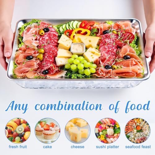 3 Set 16 x 9'' Chilled Serving Tray for Parties with Tong Scoop, Silver Cold Serving Trays with Compartment, alternate view 4