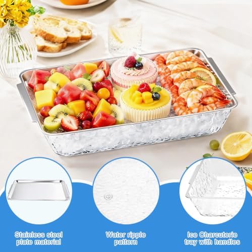 3 Set 16 x 9'' Chilled Serving Tray for Parties with Tong Scoop, Silver Cold Serving Trays with Compartment, alternate view 5