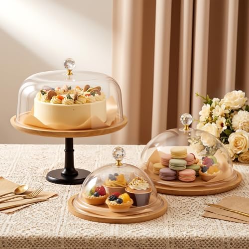 3 Set Bamboo Cake Stand Set with Acrylic Dome Covers in wood
