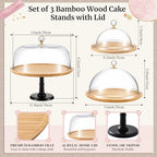 3 Set Bamboo Cake Stand Set with Acrylic Dome Covers in wood, alternate view 2