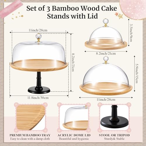 3 Set Bamboo Cake Stand Set with Acrylic Dome Covers in wood, alternate view 2