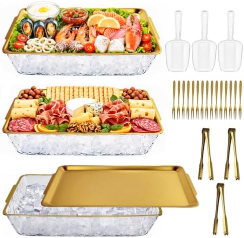 3 Set Chilled Serving Trays for Parties Gold 16 x 9'' Large Cold Serving Tray with Tong Scoop for Vegetable