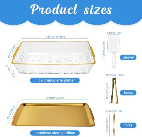 3 Set Chilled Serving Trays for Parties Gold 16 x 9'' Large Cold Serving Tray with Tong Scoop for Vegetable, alternate view 3