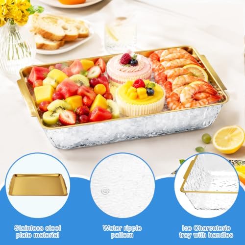3 Set Chilled Serving Trays for Parties Gold 16 x 9'' Large Cold Serving Tray with Tong Scoop for Vegetable, alternate view 5