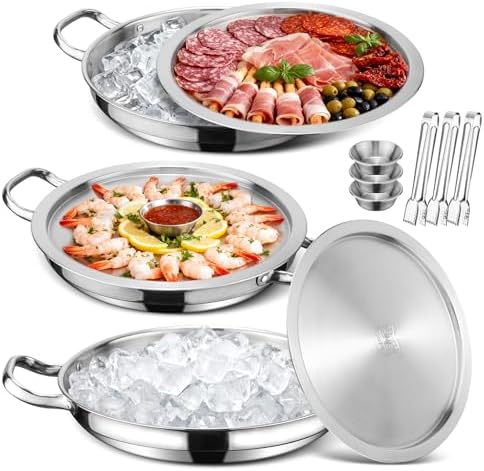 3-Set Chilled Serving Trays, Shrimp Cocktail Serving Dish with Ice Trays in Silver