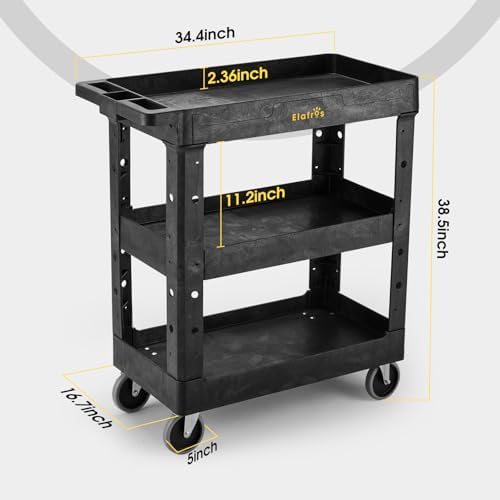 3-Shelf Heavy Duty Plastic Rolling Utility Cart, 34 x 17 x 38.5 in, alternate view 2