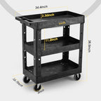 3-Shelf Heavy Duty Plastic Rolling Utility Cart, 34 x 17 x 38.5 in, alternate view 2