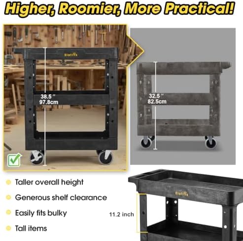3-Shelf Heavy Duty Plastic Rolling Utility Cart, 34 x 17 x 38.5 in, alternate view 3