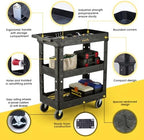 3-Shelf Heavy Duty Plastic Rolling Utility Cart, 34 x 17 x 38.5 in, alternate view 4
