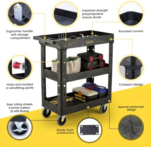 3-Shelf Heavy Duty Plastic Rolling Utility Cart, 34 x 17 x 38.5 in, alternate view 4