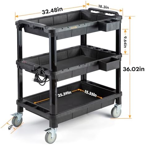 3-Shelf Rolling Utility Cart with Power Strip, 32.4 x 18.3 in, alternate view 2