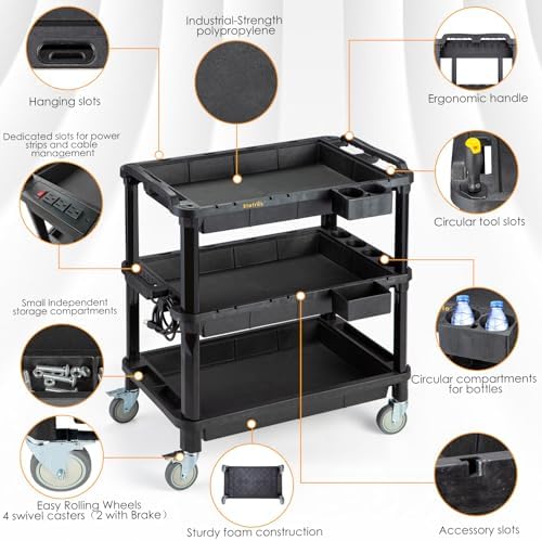3-Shelf Rolling Utility Cart with Power Strip, 32.4 x 18.3 in, alternate view 3