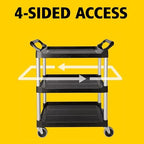 3-Shelf Service Push Cart, 200lb, Black in Black, alternate view 3