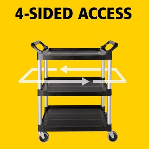 3-Shelf Service Push Cart, 200lb, Black in Black, alternate view 3