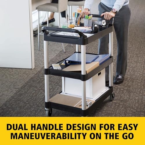 3-Shelf Service Push Cart, 200lb, Black in Black, alternate view 6