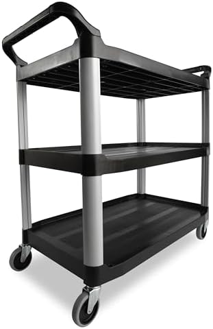 3-Shelf Service Push Cart, 300lb, Black in Black