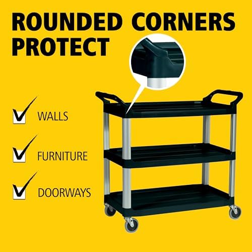 3-Shelf Service Push Cart, 300lb, Black in Black, alternate view 5
