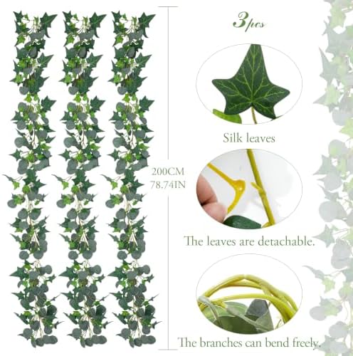 3 Strands Artificial Ivy Vines, Fake Ivy with Eucalyptus Garland, alternate view 3
