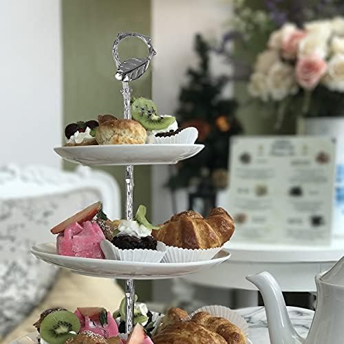 3 Tier 14" Heavy Metal Cake Stand Holder Fruit Plate Stand Fitting Hardware Rod with Stylus (Sliver_Leaves) in, alternate
