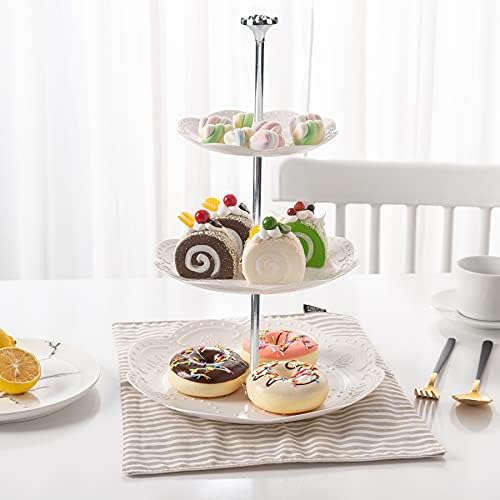 3 Tier 14" Heavy Metal Cake Stand Holder Fruit Plate Stand Fitting Hardware Rod (Silver_Rose) in Silver, alternate view 6