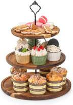 3-Tier Acacia Wood Cupcake Stand, Large Rustic Dessert Display Tower in Natural Wood
