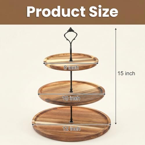 3-Tier Acacia Wood Cupcake Stand, Large Rustic Dessert Display Tower in Natural Wood, alternate view 3