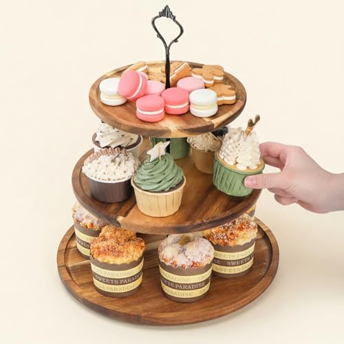 3-Tier Acacia Wood Cupcake Stand, Large Rustic Dessert Display Tower in Natural Wood, alternate view 7