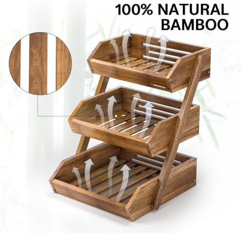 3-Tier Acacia Wood Fruit Basket for Kitchen, Self-assembly in Acacia Wood, alternate view 2