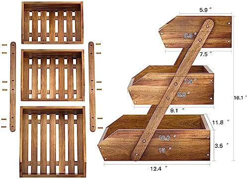 3-Tier Acacia Wood Fruit Basket for Kitchen, Self-assembly in Acacia Wood, alternate view 3
