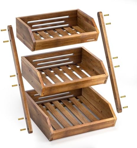 3-Tier Acacia Wood Fruit Basket for Kitchen, Self-assembly in Acacia Wood, alternate view 4