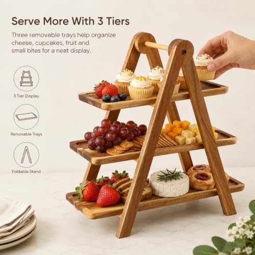 3 Tier Acacia Wood Serving Tray, Tiered Food Display Stand, Detachable Stable Pyramid Tray for Cupcake, Cheese, alternate
