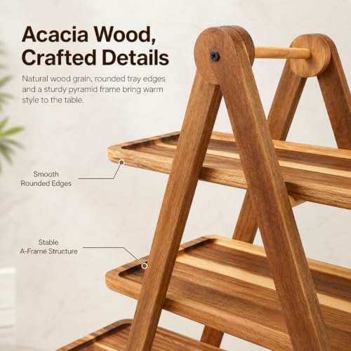 3 Tier Acacia Wood Serving Tray, Tiered Food Display Stand, Detachable Stable Pyramid Tray for Cupcake, Cheese, alternate