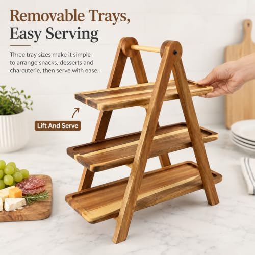 3 Tier Acacia Wood Serving Tray, Tiered Food Display Stand, Detachable Stable Pyramid Tray for Cupcake, Cheese, alternate