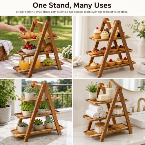 3 Tier Acacia Wood Serving Tray, Tiered Food Display Stand, Detachable Stable Pyramid Tray for Cupcake, Cheese, alternate
