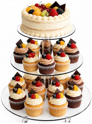 3 Tier Acrylic Cupcake Stand (6", 8", 10") with 4" Spacing - Clear Dessert Tower with Solid Rods - Stable Cake