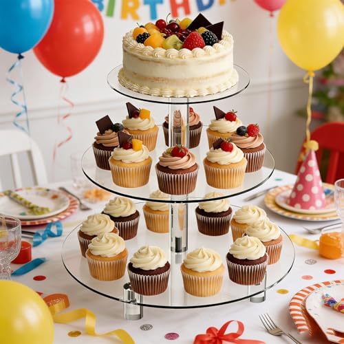 3 Tier Acrylic Cupcake Stand (6", 8", 10") with 4" Spacing - Clear Dessert Tower with Solid Rods - Stable Cake, alternate