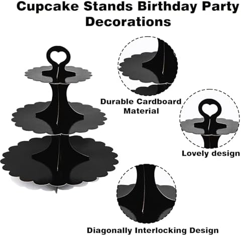 3 Tier Black Cupcake Stand, Cupcake Stand Cardboard - Easy to Assemble& Reusable(Lace Black) in Lace Black, alternate view 4