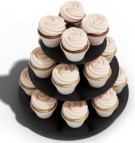 3-Tier Black Cupcake Stand Tower, Holds 12-20 Cupcakes, Sturdy Cardboard, Easy Assembly, Perfect for Parties &