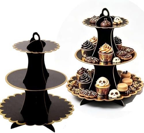 3‐Tier Black Gold Cardboard Cupcake Stand, Disposable Dessert Tower in 9INCH in Black-2PCS
