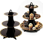 3‐Tier Black Gold Cardboard Cupcake Stand, Disposable Dessert Tower in 9INCH in Black-2PCS