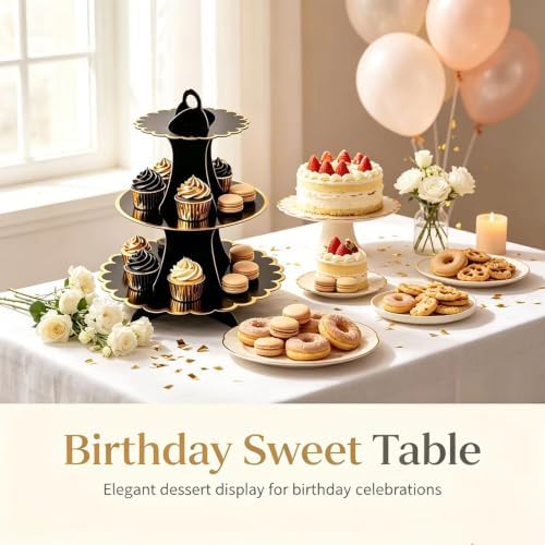 3‐Tier Black Gold Cardboard Cupcake Stand, Disposable Dessert Tower in 9INCH in Black-2PCS, alternate view 4