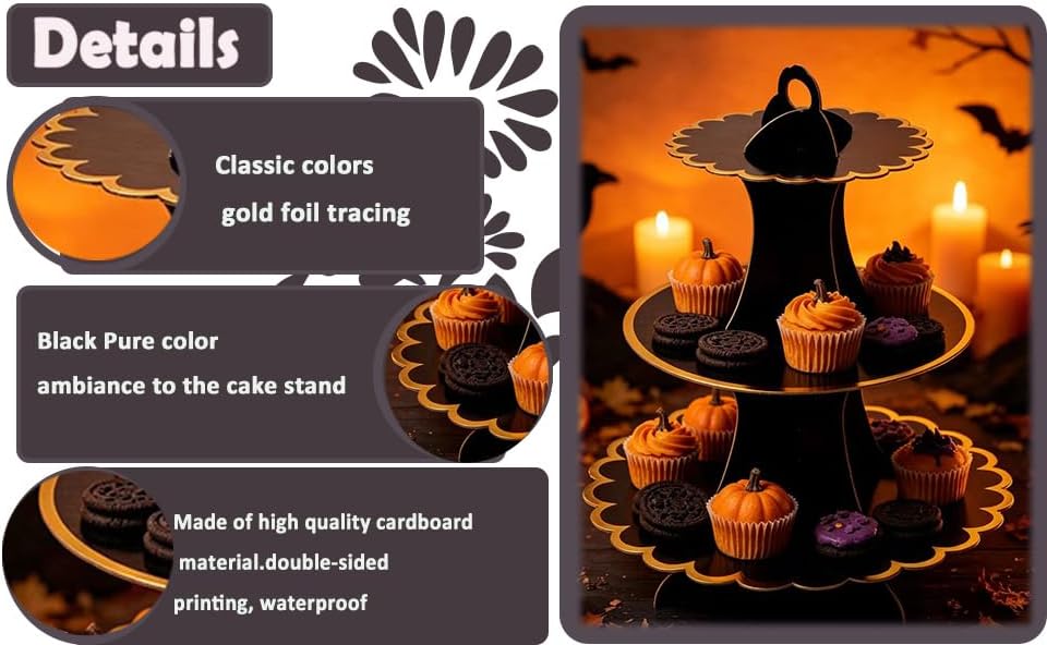 3‐Tier Black Gold Cardboard Cupcake Stand, Disposable Dessert Tower in 9INCH in Black-2PCS, alternate view 5