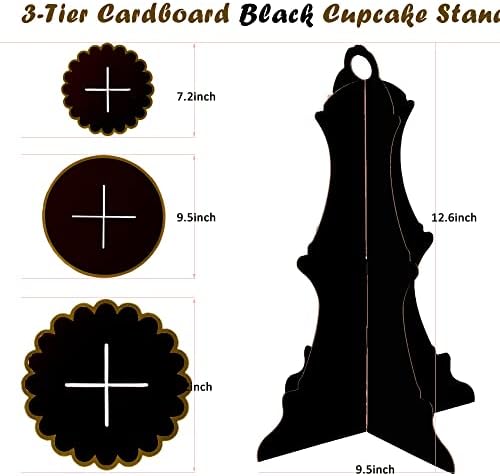 3‐Tier Black Gold Cardboard Cupcake Stand, Disposable Dessert Tower in 9INCH in Black-2PCS, alternate view 6