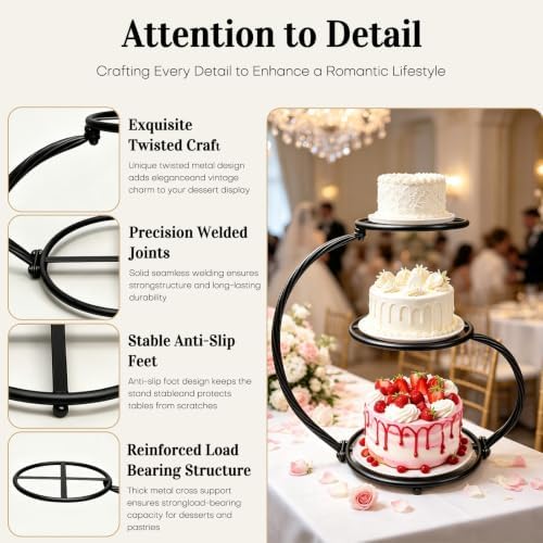 3-Tier Black Iron Cake Stand, Vintage Dessert Serving Tray Holder Cupcake Pastry Fruit Display Rack for Wedding, alternate