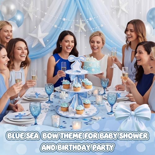 3 Tier Blue Ocean Cake Stand Blue Bow Birthday Party Decorations Bow Cake Stand Dessert Tower for Wedding Garden, alternate