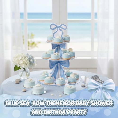 3 Tier Blue Ocean Cake Stand Blue Bow Birthday Party Decorations Bow Cake Stand Dessert Tower for Wedding Garden, alternate