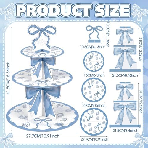 3 Tier Blue Ocean Cake Stand Blue Bow Birthday Party Decorations Bow Cake Stand Dessert Tower for Wedding Garden, alternate